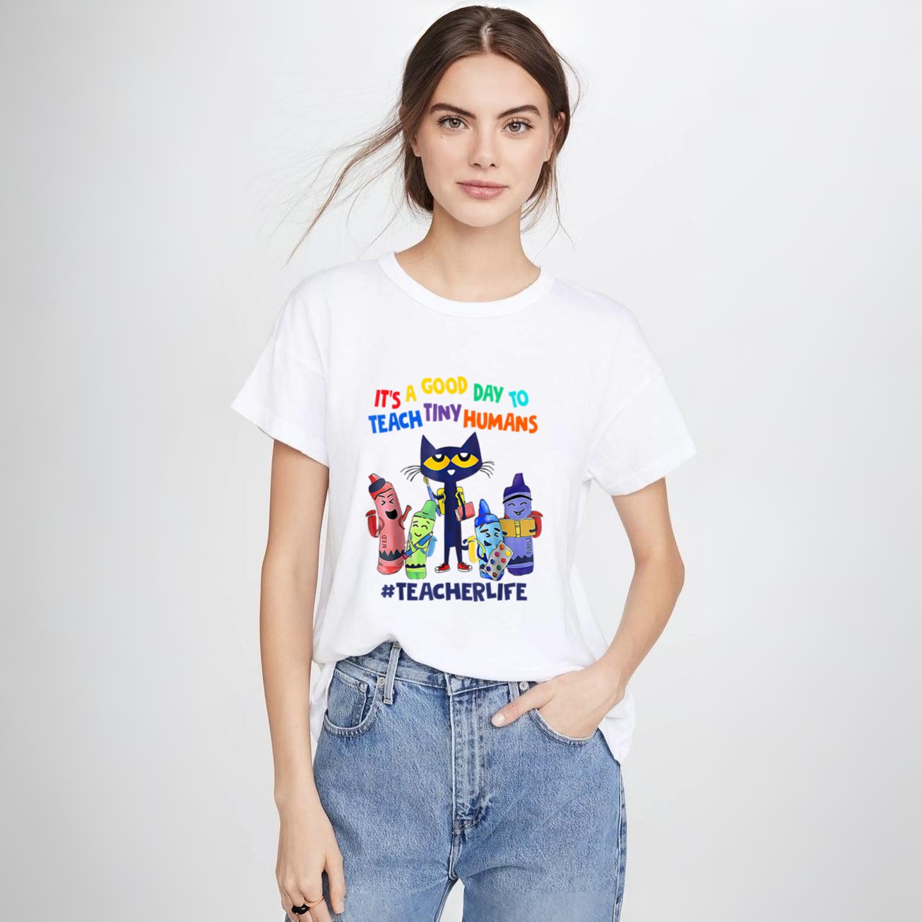 It's A Good Day To Teach Tiny Humans Teacher Life Cat Crayon T-Shirt