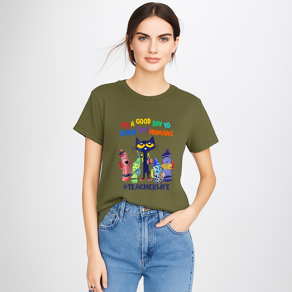 It's A Good Day To Teach Tiny Humans Teacher Life Cat Crayon T-Shirt