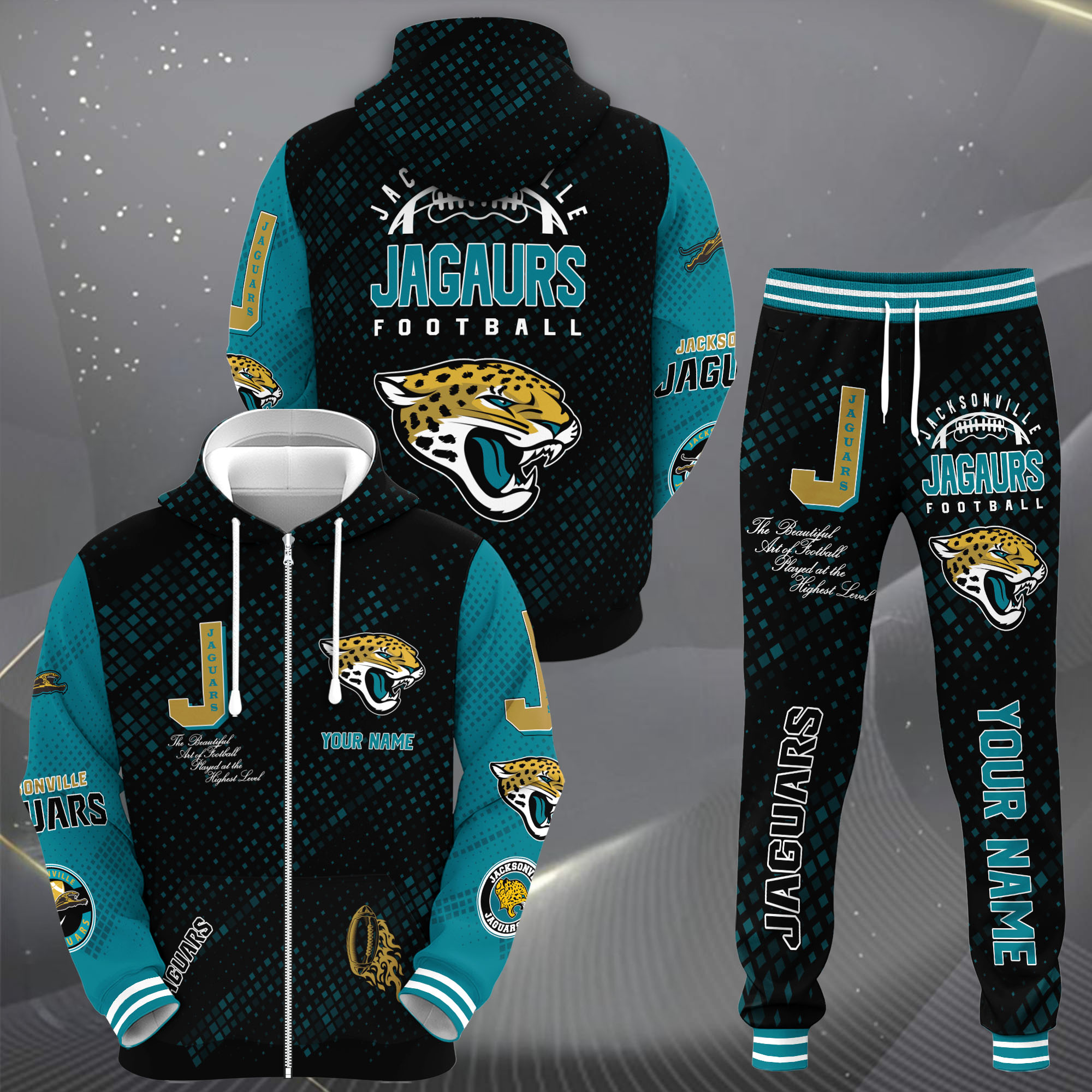 Jacksonville Jaguars Zip Up Hoodie Joggers Set Custom Your name, Sport Zip Up Hoodie Joggers Set, Sport Gifts For Fan Gift For Sport Music Fans