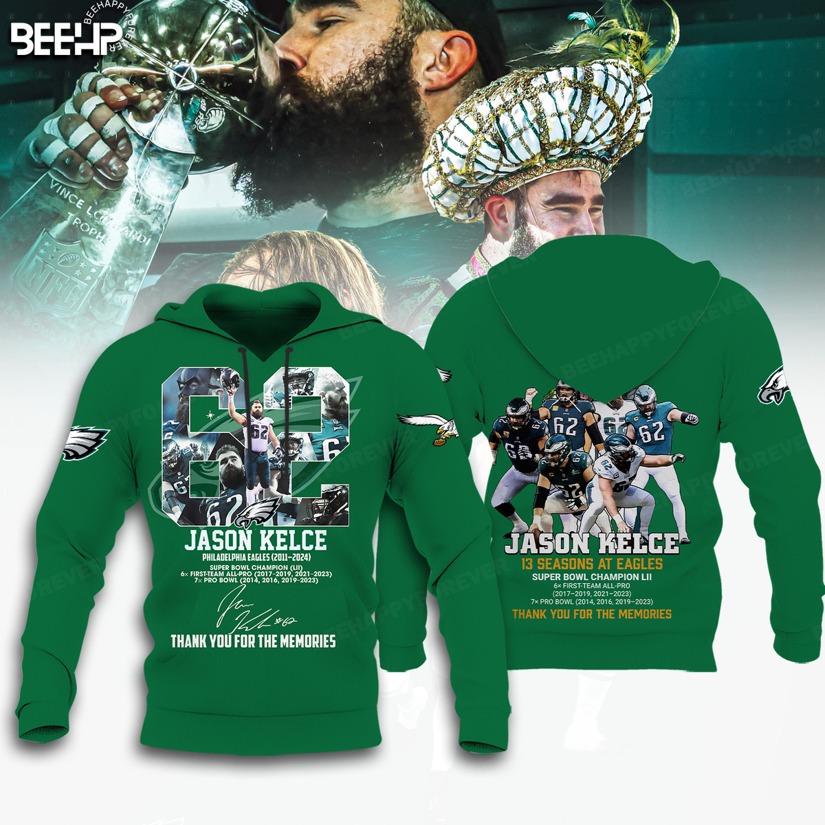 Jason Kelce 62 Philadelphia Eagles Green Hoodie