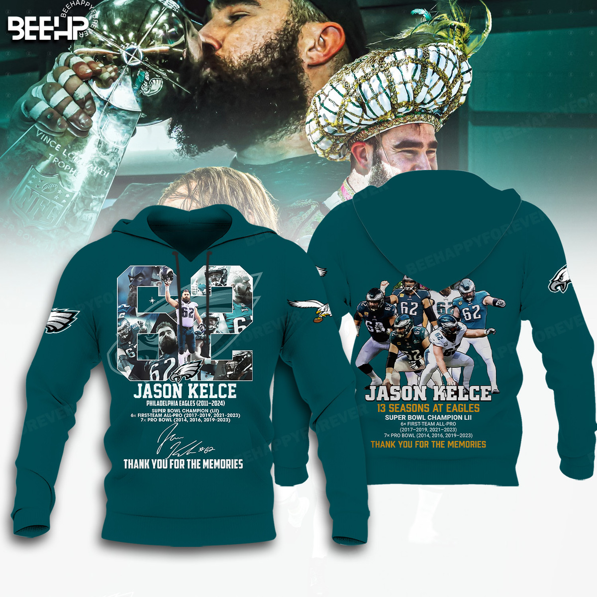 Jason Kelce 62 Philadelphia Eagles Midnight Green Hoodie