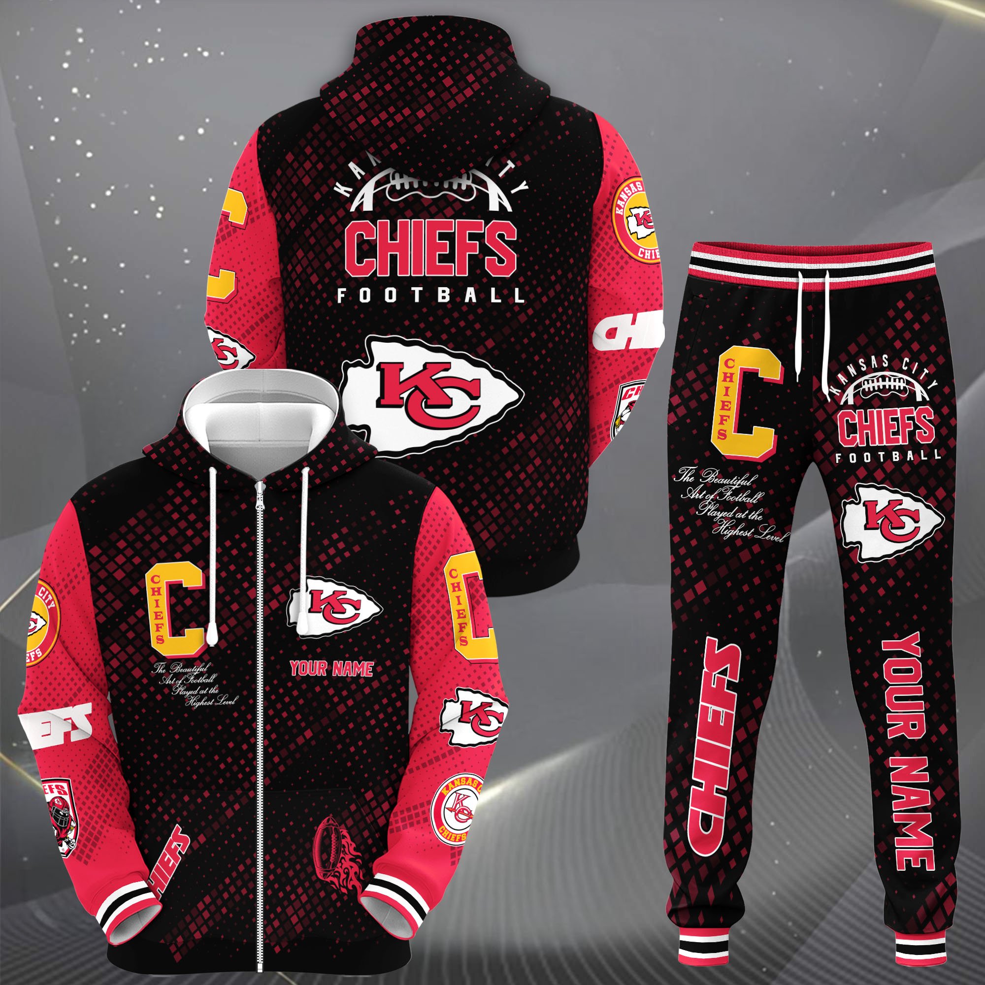 Kansas City Chiefs Zip Up Hoodie Joggers Set Custom Your name, Sport Zip Up Hoodie Joggers Set, Sport Gifts For Fan Premium Merchandise