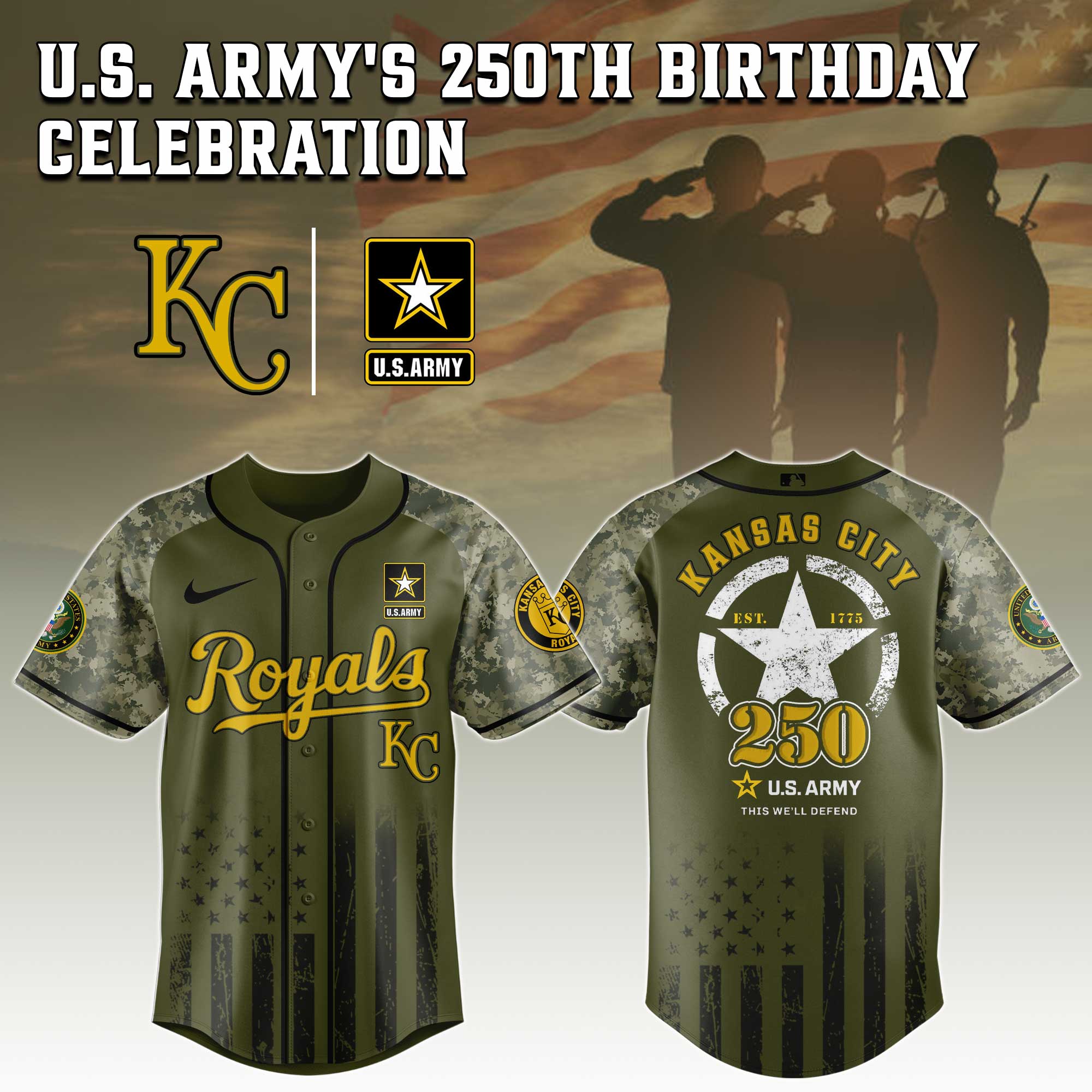 Kansas City Royals MLB x 250 U.S. ARMY Personalized Baseball Jersey For Fans
