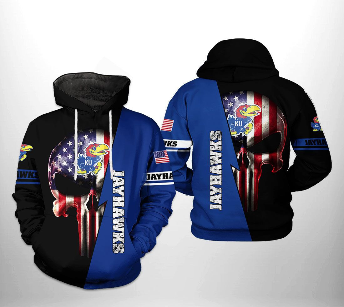 Kansas Jayhawks NCAA US Flag Skull Hoodie  Zip Hoodie