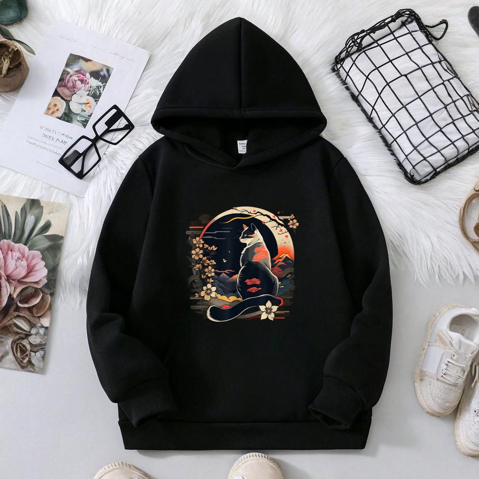 Kawaii Cat Anime Japanese Retro Men Women Kids Funny Cat Hoodie