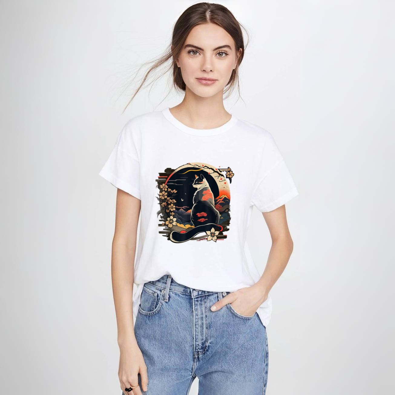 Kawaii Cat Anime Japanese Retro Men Women Kids Funny Cat T-Shirt