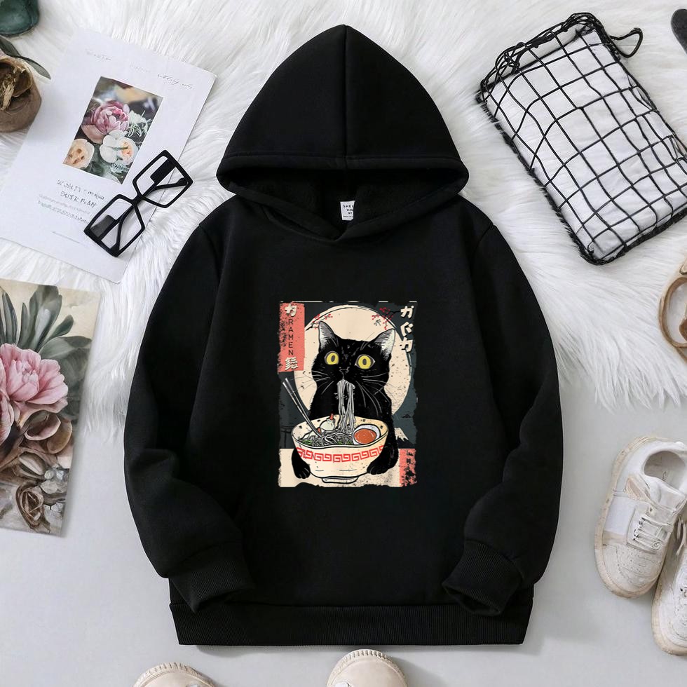 Kawaii Cat Eating Ramen Noodles Funny Anime Gift Girls Teens Hoodie