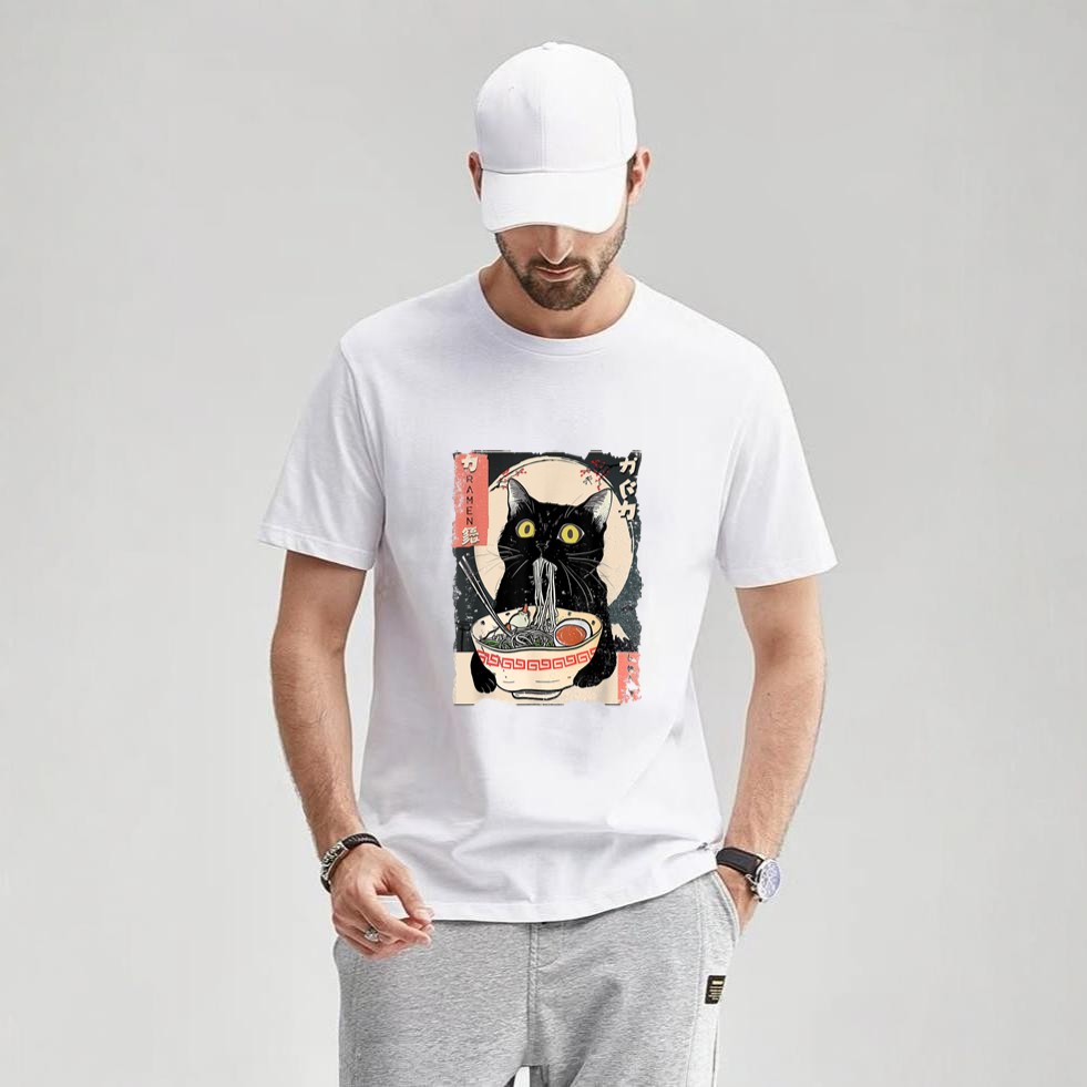 Kawaii Cat Eating Ramen Noodles Funny Anime Gift Girls Teens T-Shirt