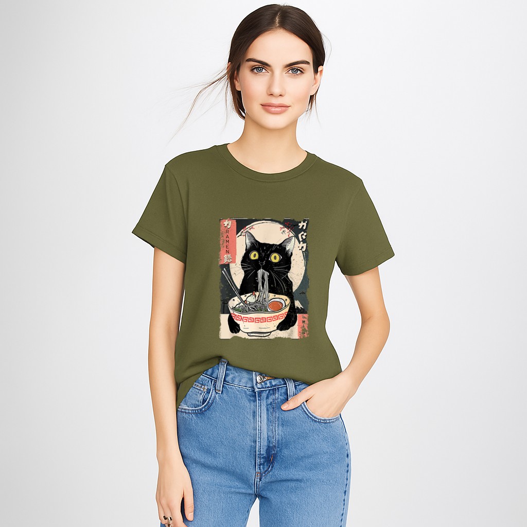 Kawaii Cat Eating Ramen Noodles Funny Anime Gift Girls Teens T-Shirt