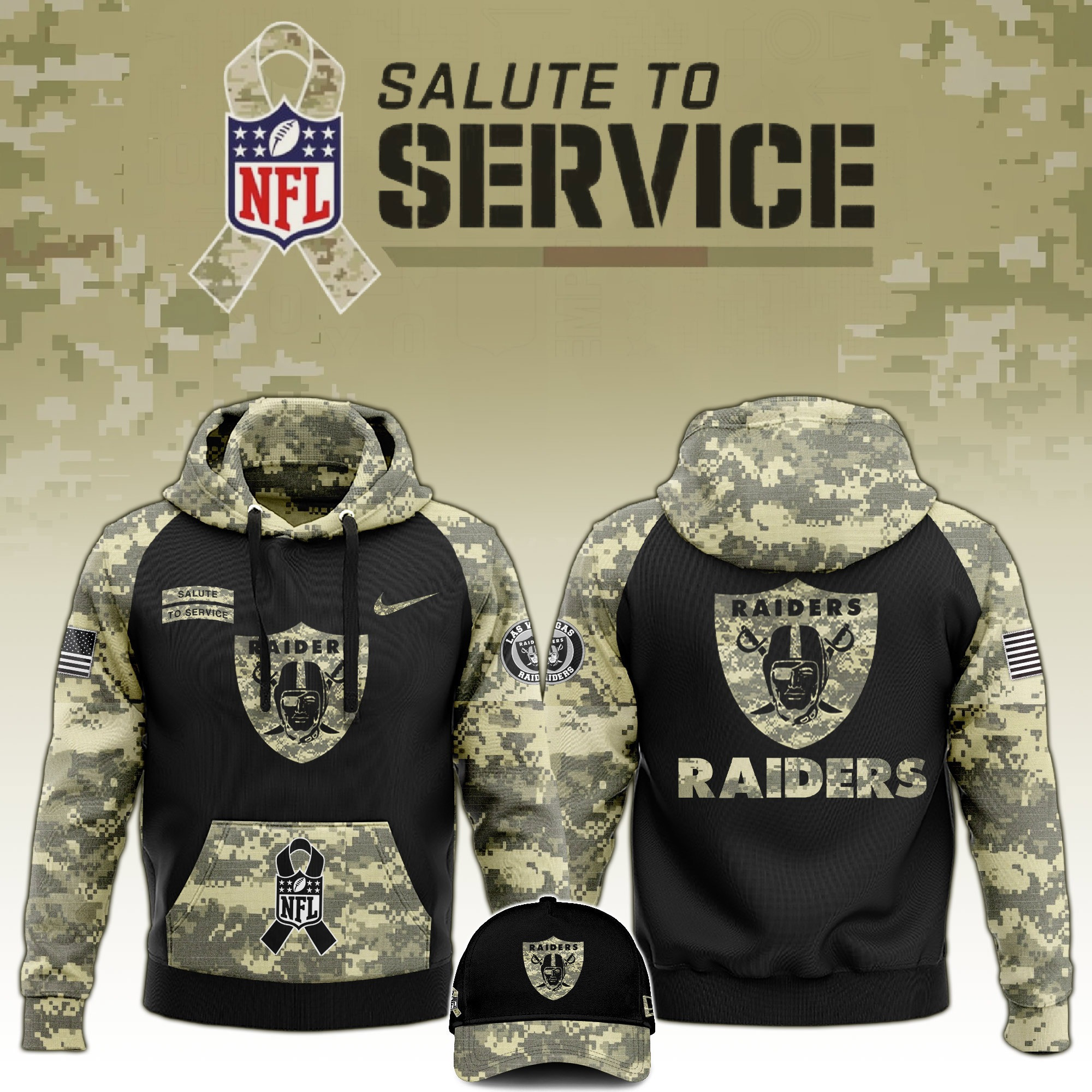 Las Vegas Raiders Salute to Service Club Camo Hoodie And Hat Best Raiders Fans Merch