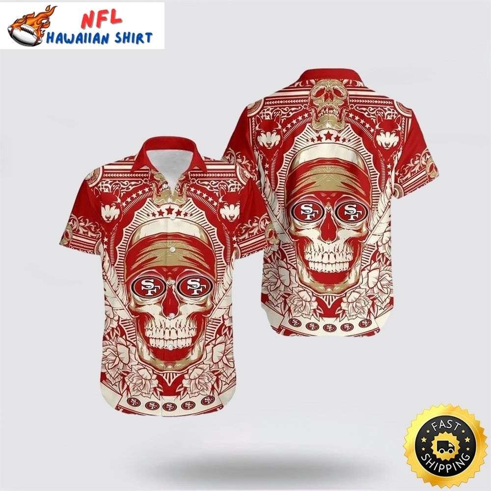 Legacy Skull And Hibiscus San Francisco 49ers Hawaiian Shirt Gift For Sport Music Fans