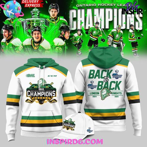 London Knights OHL Back-to-Back Champions 2024 - 2025 White Hoodie Premium Merchandise