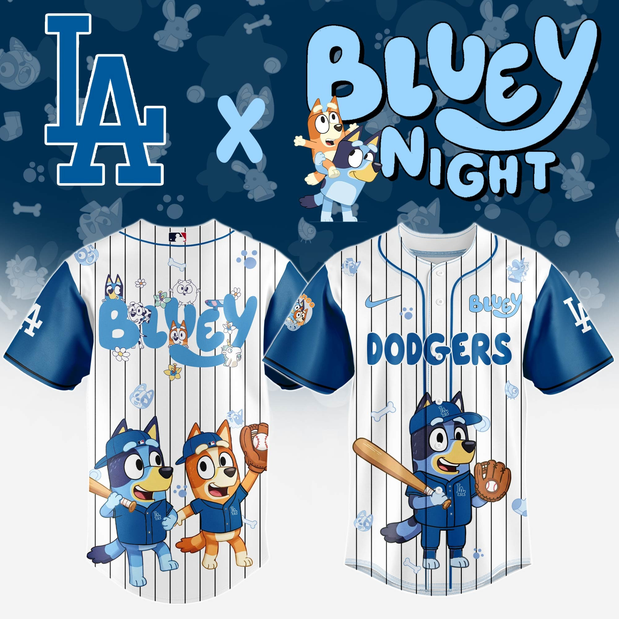 Los Angeles Dodgers Bluey Night Jersey Cute Baseball Gifts For Dodgers Fans Bluey Lovers