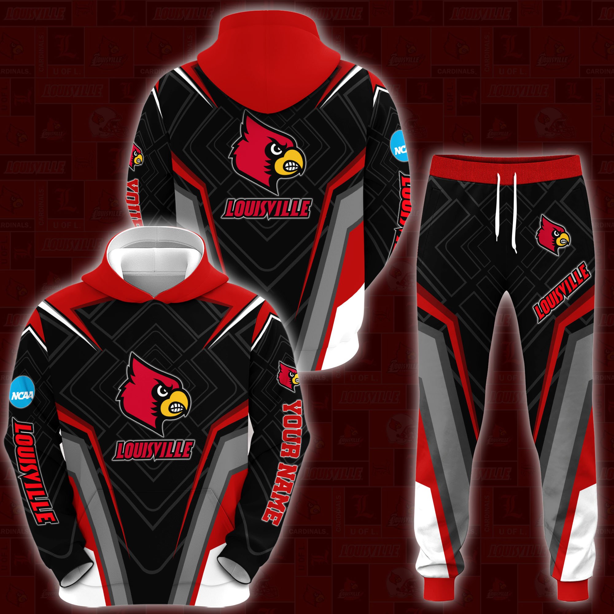 Louisville Cardinals Hoodie Joggers Set Custom Your name, Sport Zip Up Hoodie Joggers Set, Sport Gifts For Fan, Louisville Cardinals Hoodie GT77 Gift For Sport Music Fans