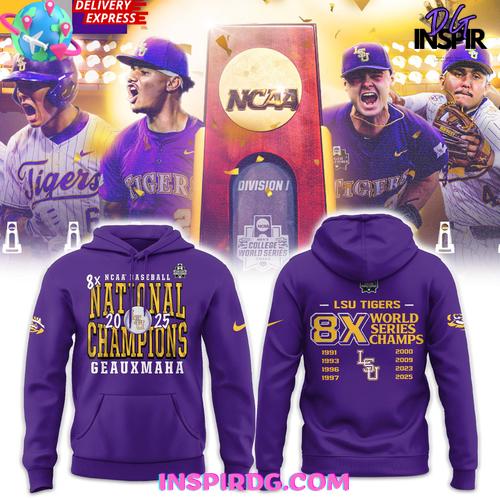LSU Tigers 2025 NCAA Baseball 8-Time National Champions Purple Hoodie Premium Merchandises