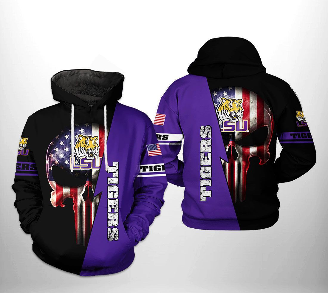 LSU Tigers NCAA US Flag Skull Hoodie  Zip Hoodie