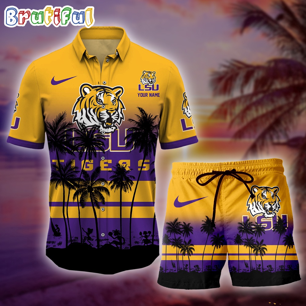 LSU Tigers Palm Tree Summer Hawaiian Shirt, NCAA Sport Summer Hawaiian Set, Summer Beach Short Gift For Sport Music Fans