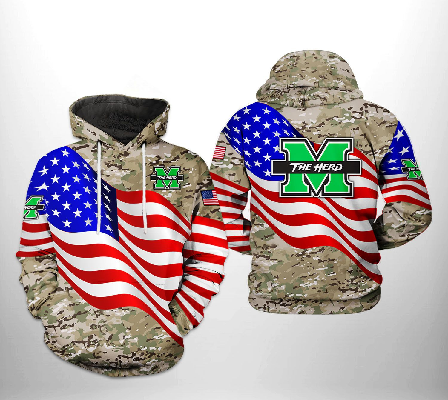 Marshall Thundering Herd NCAA US Flag Camo Veteran Hoodie  Zip Hoodie