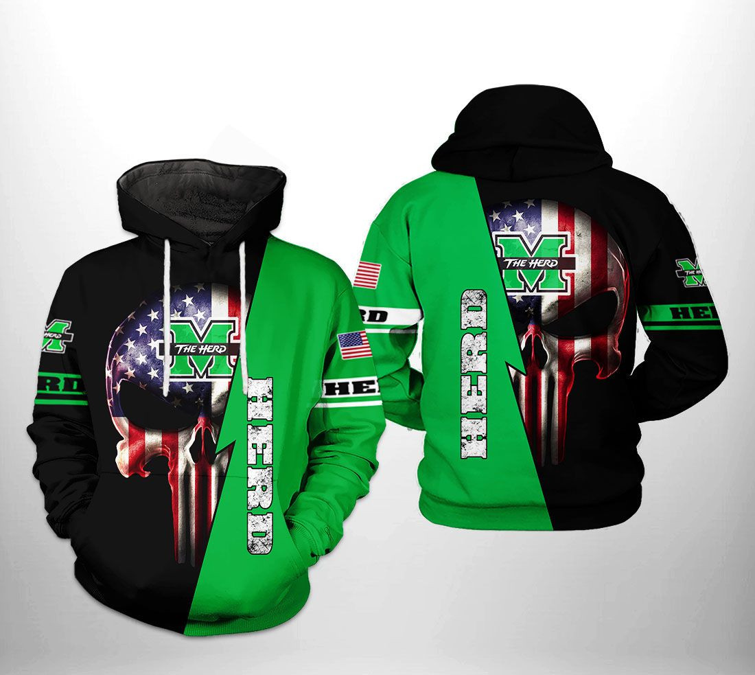 Marshall Thundering Herd NCAA US Flag Skull Hoodie