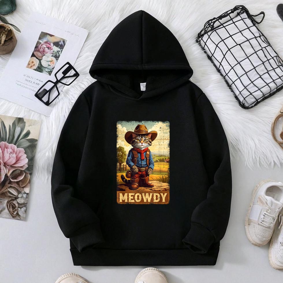 Meowdy Funny Country Side Cat Hat Vintage Cowboy Cat Hoodie