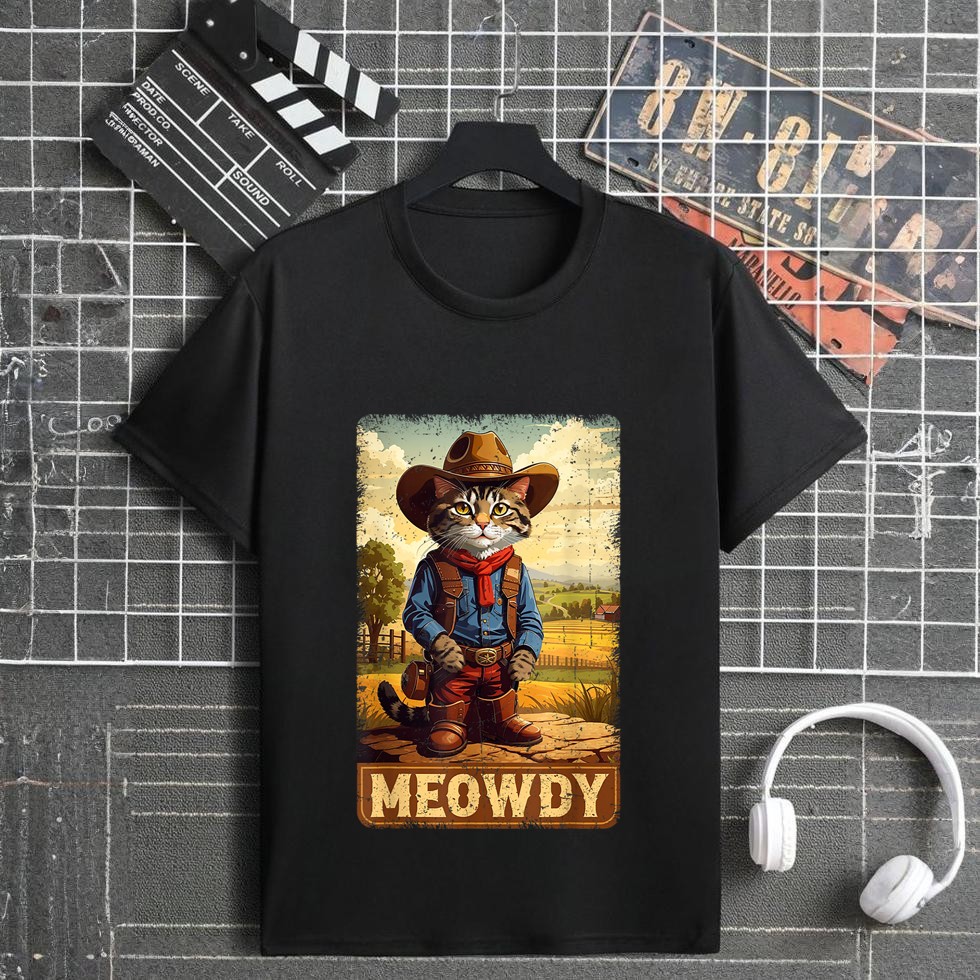 Meowdy Funny Country Side Cat Hat Vintage Cowboy Cat T-Shirt