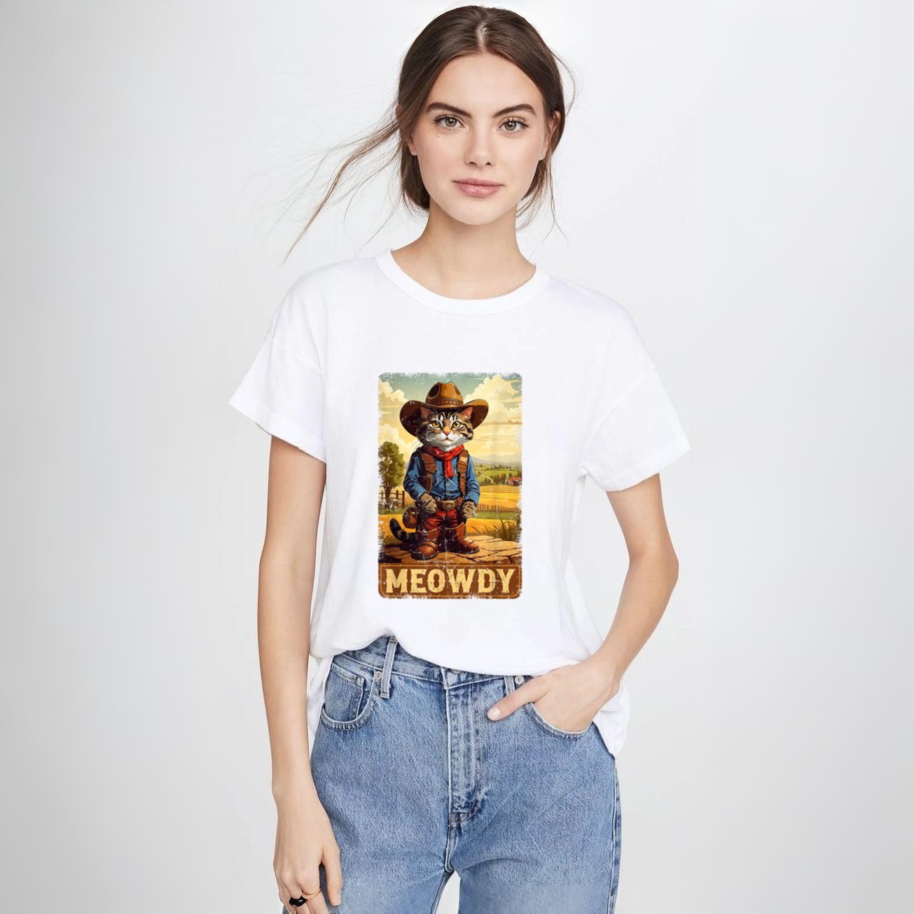 Meowdy Funny Country Side Cat Hat Vintage Cowboy Cat T-Shirt
