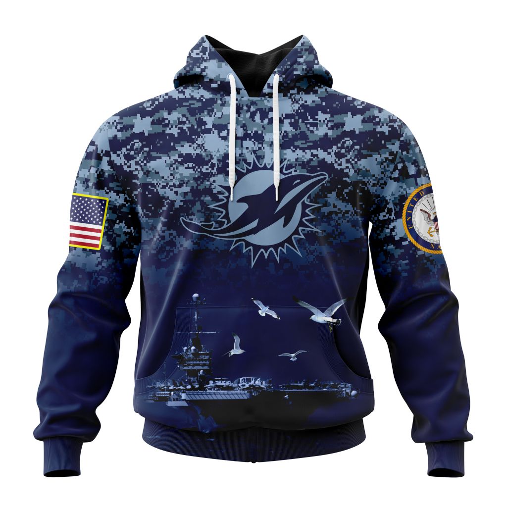 Miami Dolphins Navy Camo V2 NFL Football Team Hoodie
