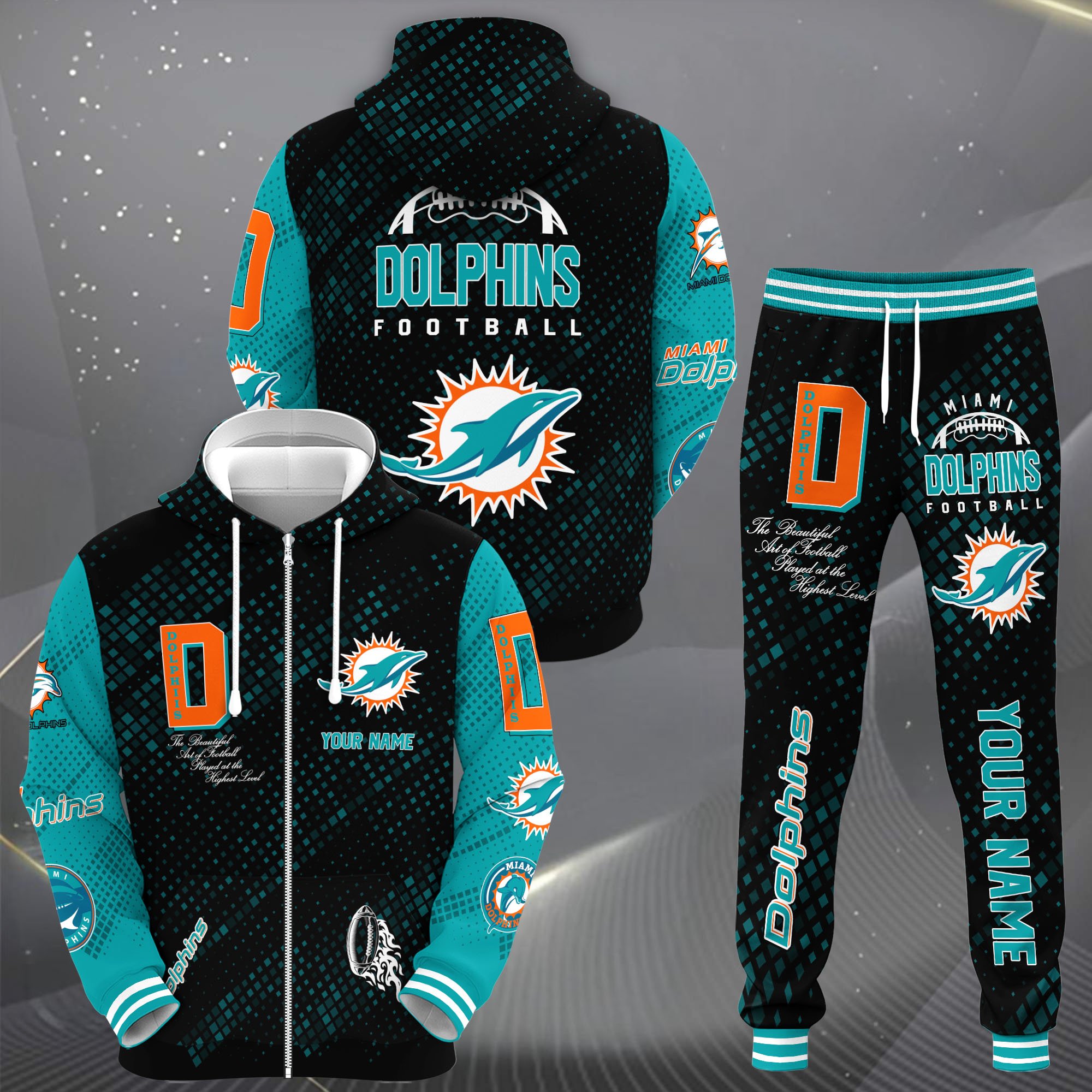 Miami Dolphins Zip Up Hoodie Joggers Set Custom Your name, Sport Zip Up Hoodie Joggers Set, Sport Gifts For Fan Premium Merchandise