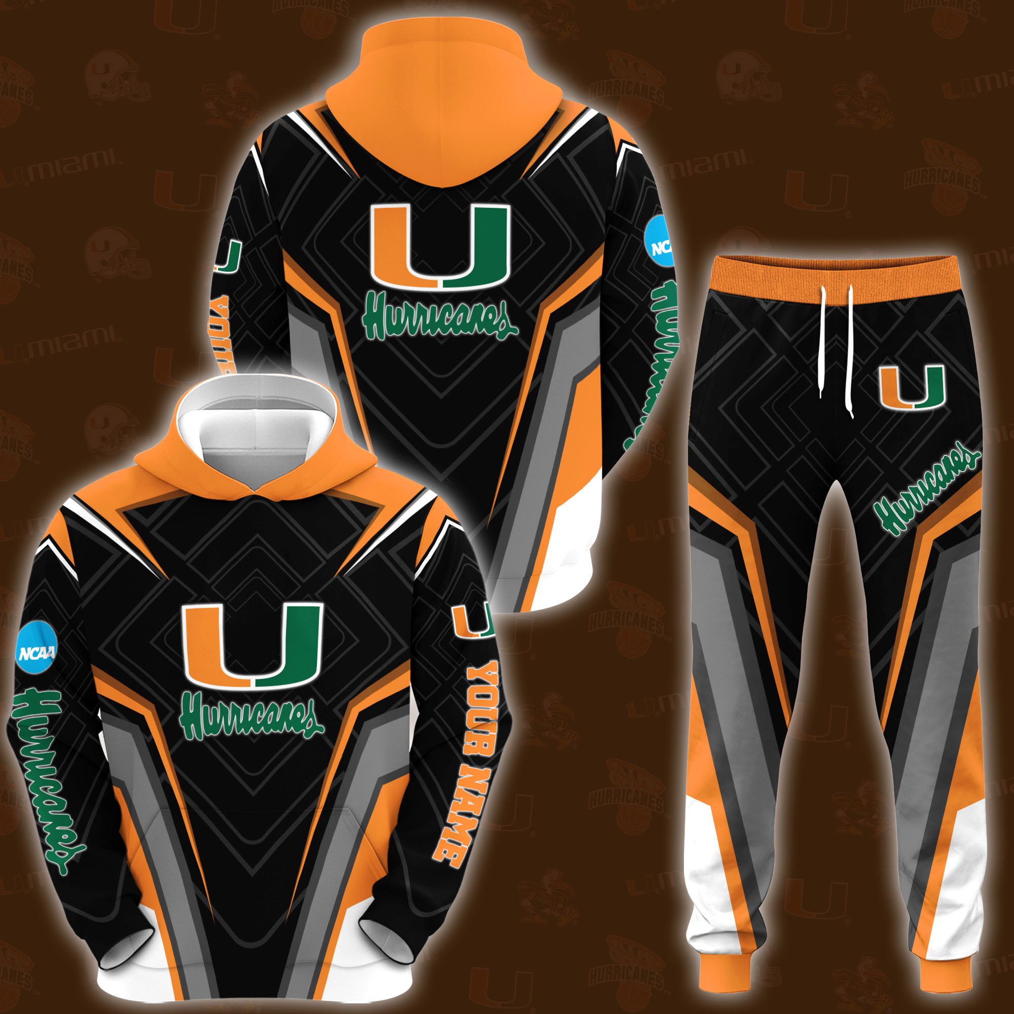 Miami Hurricanes Hoodie Joggers Set Custom Your name, Sport Zip Up Hoodie Joggers Set, Sport Gifts For Fan, Miami Hurricanes Hoodie PE76 Premium Merchandise