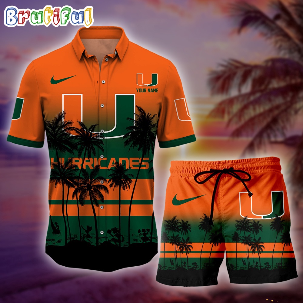 Miami Hurricanes Palm Tree Summer Hawaiian Shirt, NCAA Sport Summer Hawaiian Set, Summer Beach Short Gift For Sport Music Fans