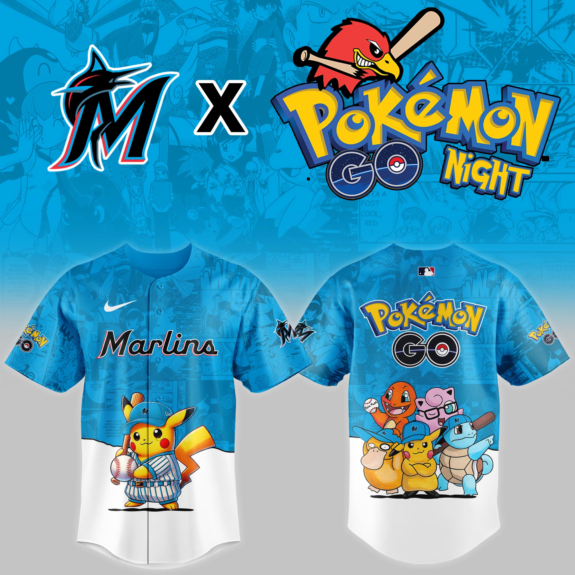 Miami Marlins MLB x Pokemon Go Night Personalized Baseball Jersey For Fan