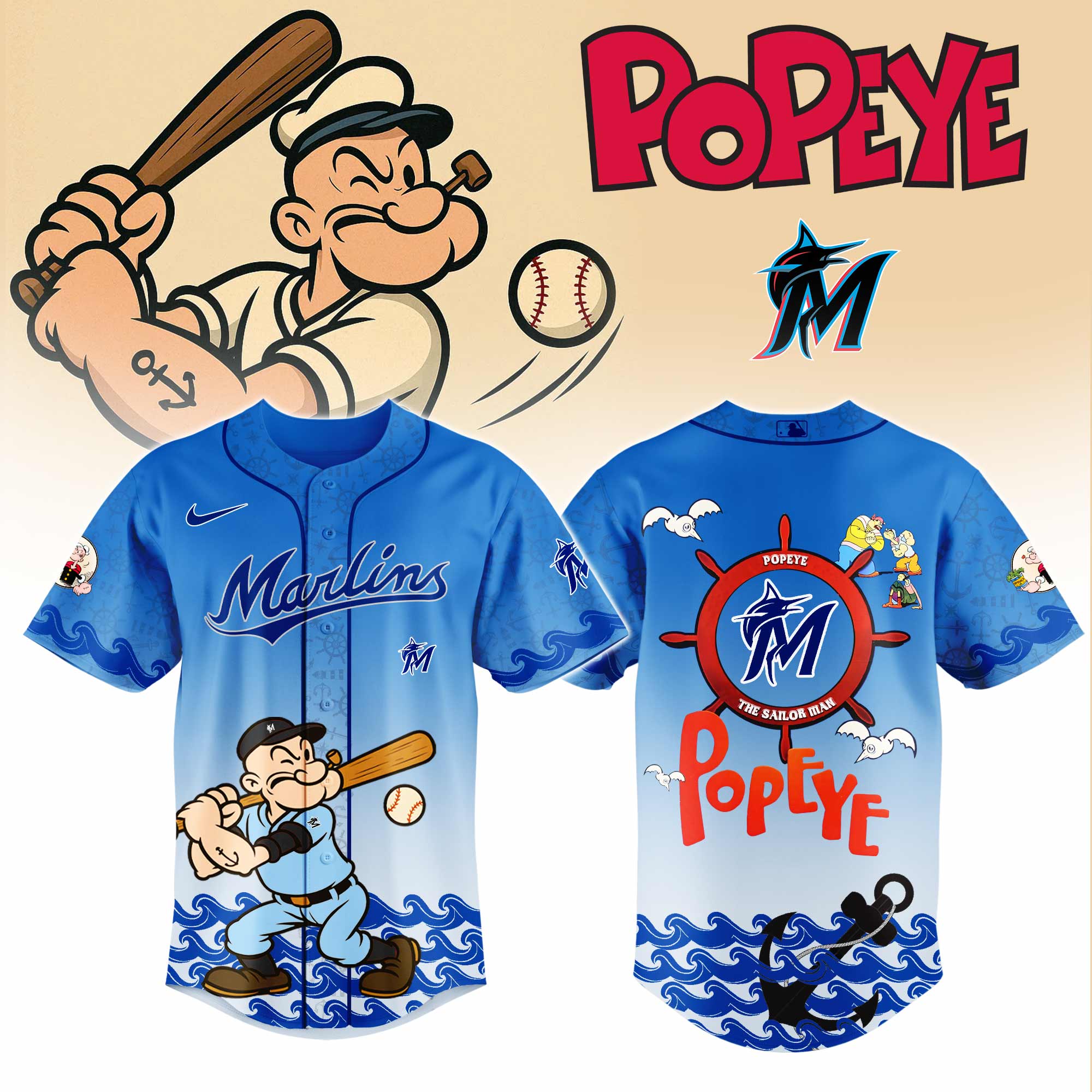Miami Marlins MLB x Popeye Personalized Baseball Jersey For Fan