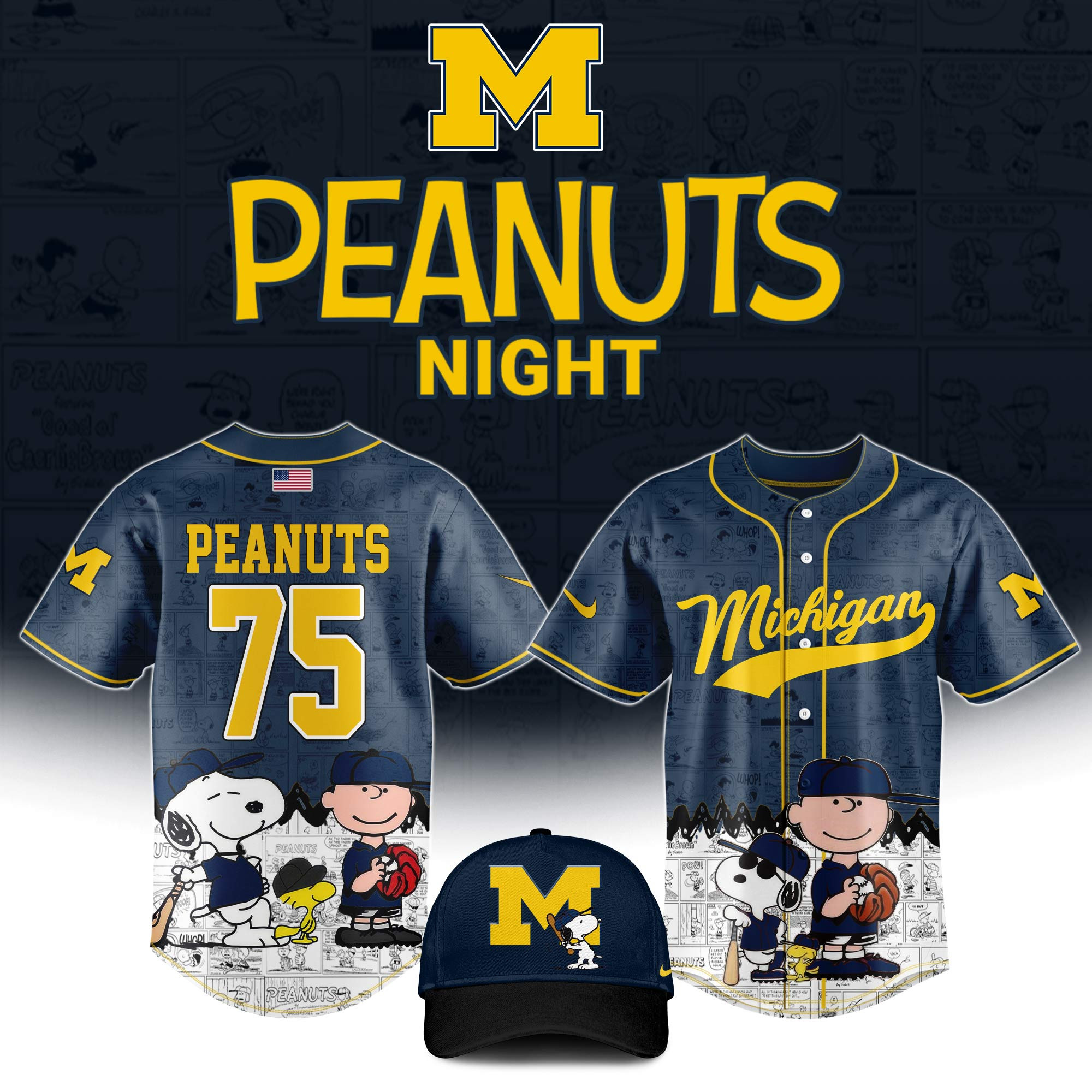 Michigan Wolverines X Peanuts 75Th Anniversary Baseball Jersey Gifts For Baseball Fans