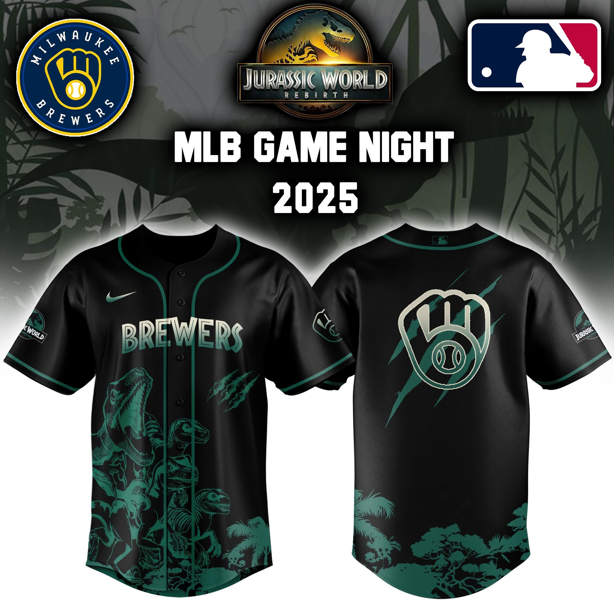 Milwaukee Brewers x Jurassic World Baseball Jersey Colab 2025 Best Movie Themed Gift For Brewers Fans - vazava store