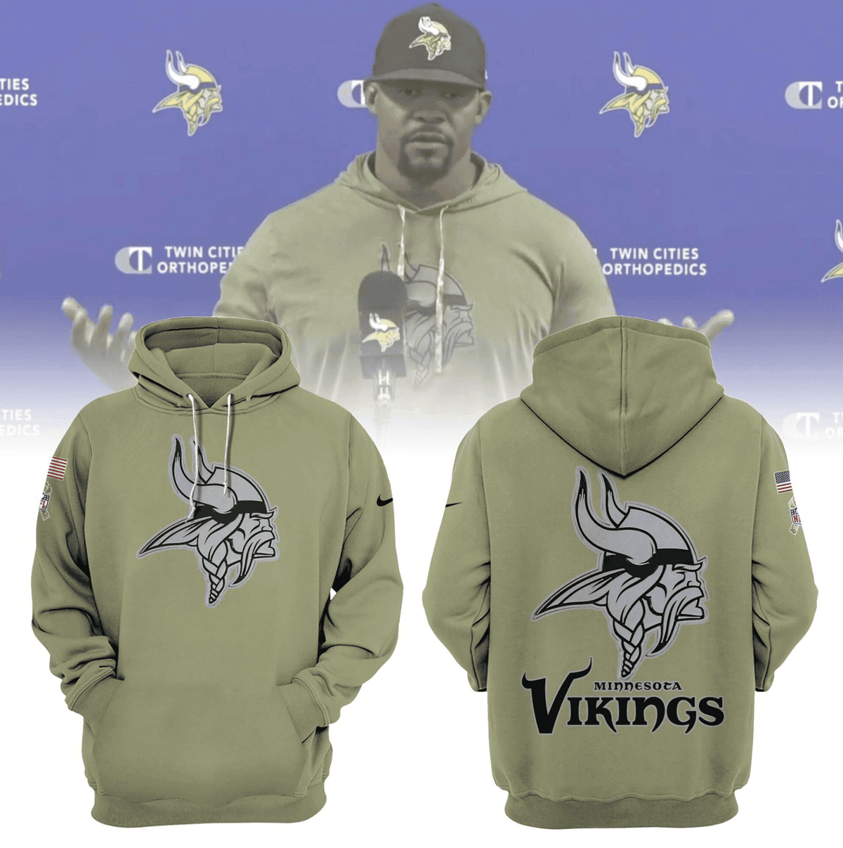 Minnesota Vikings military green V9 NFL 3D Hoodie