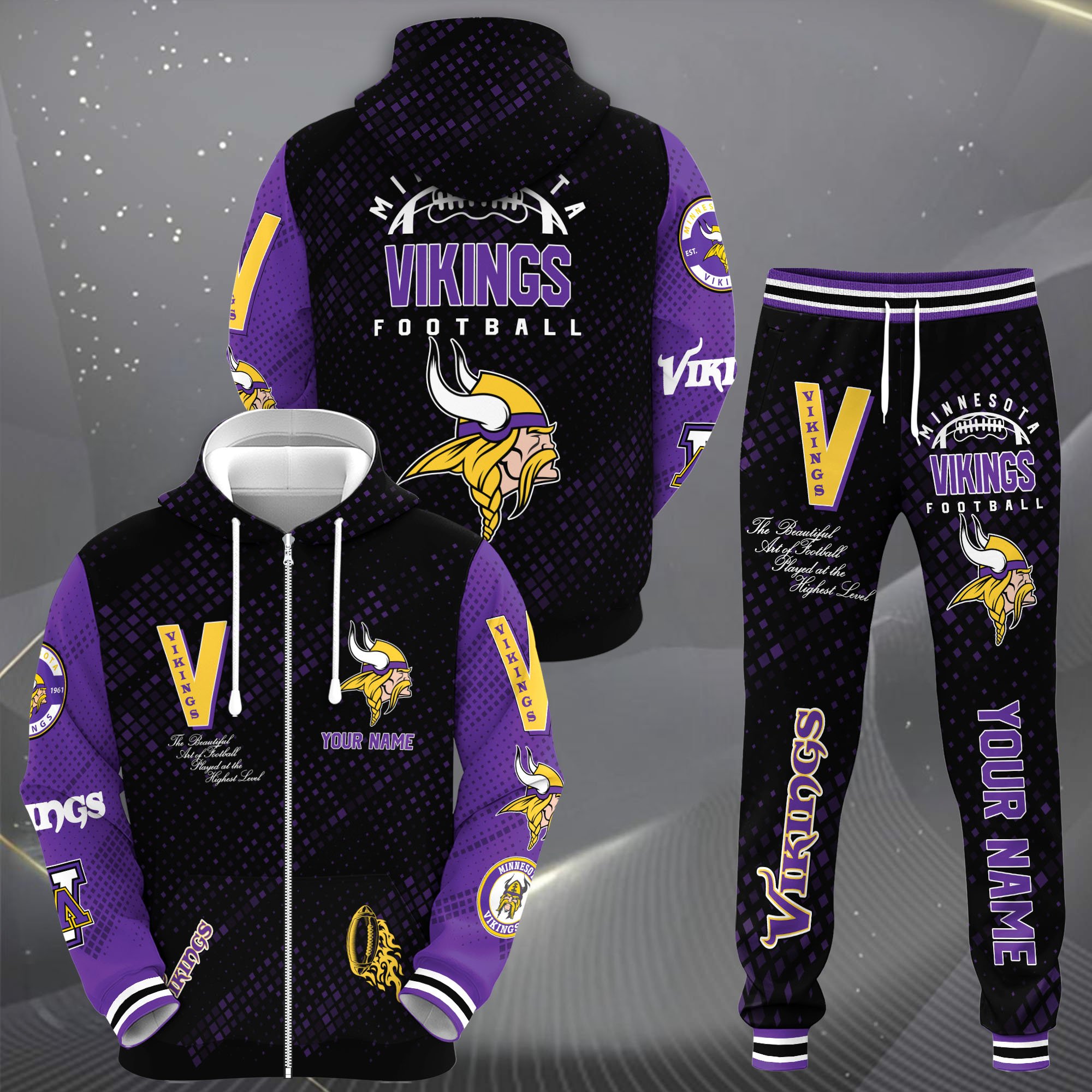 Minnesota Vikings Zip Up Hoodie Joggers Set Custom Your name, Sport Zip Up Hoodie Joggers Set, Sport Gifts For Fan Gift For Sport Music Fans