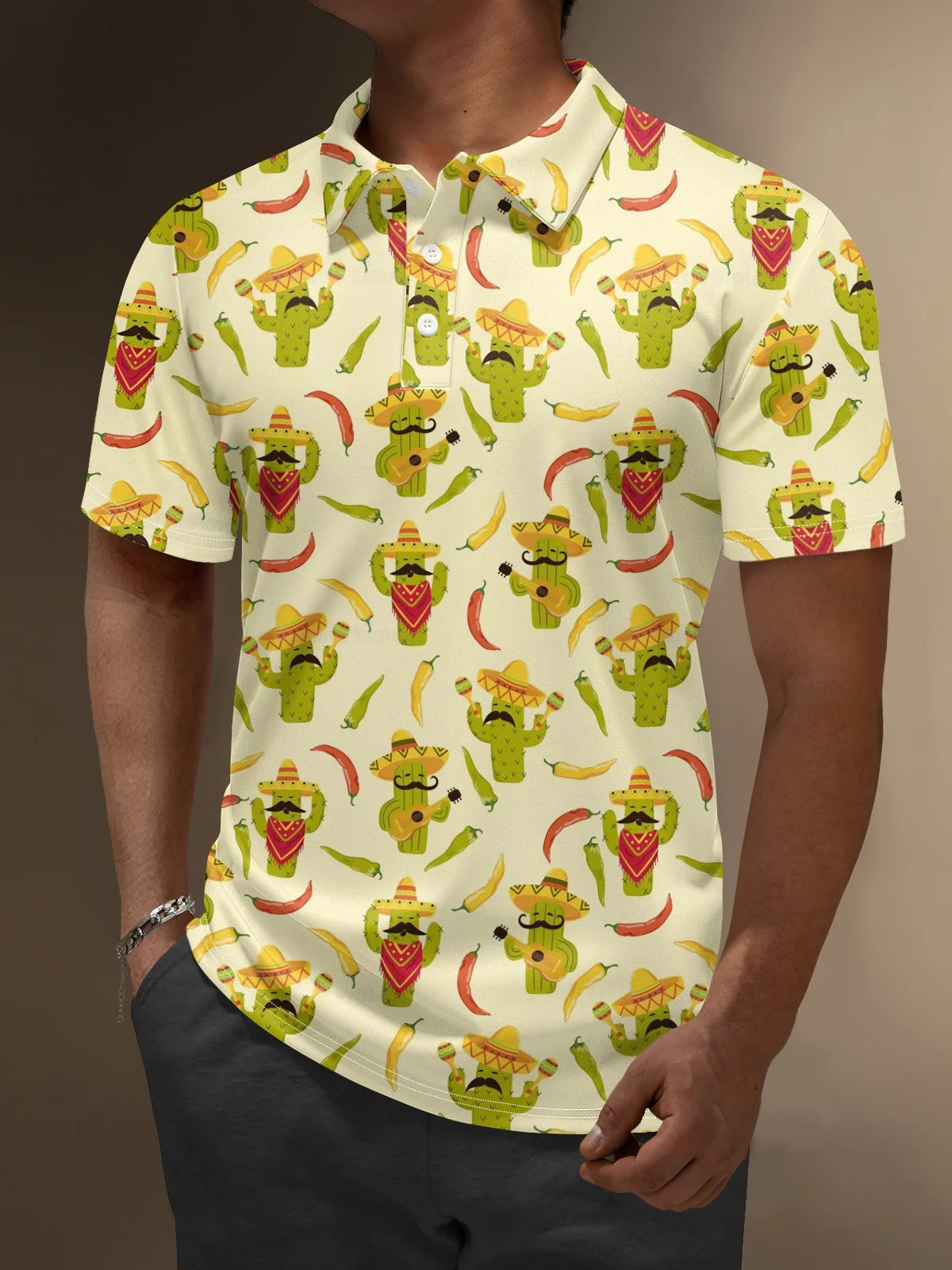 Moisture Wicking Cinco de Mayo Cactus Chili Guitar Golf Polo Shirt