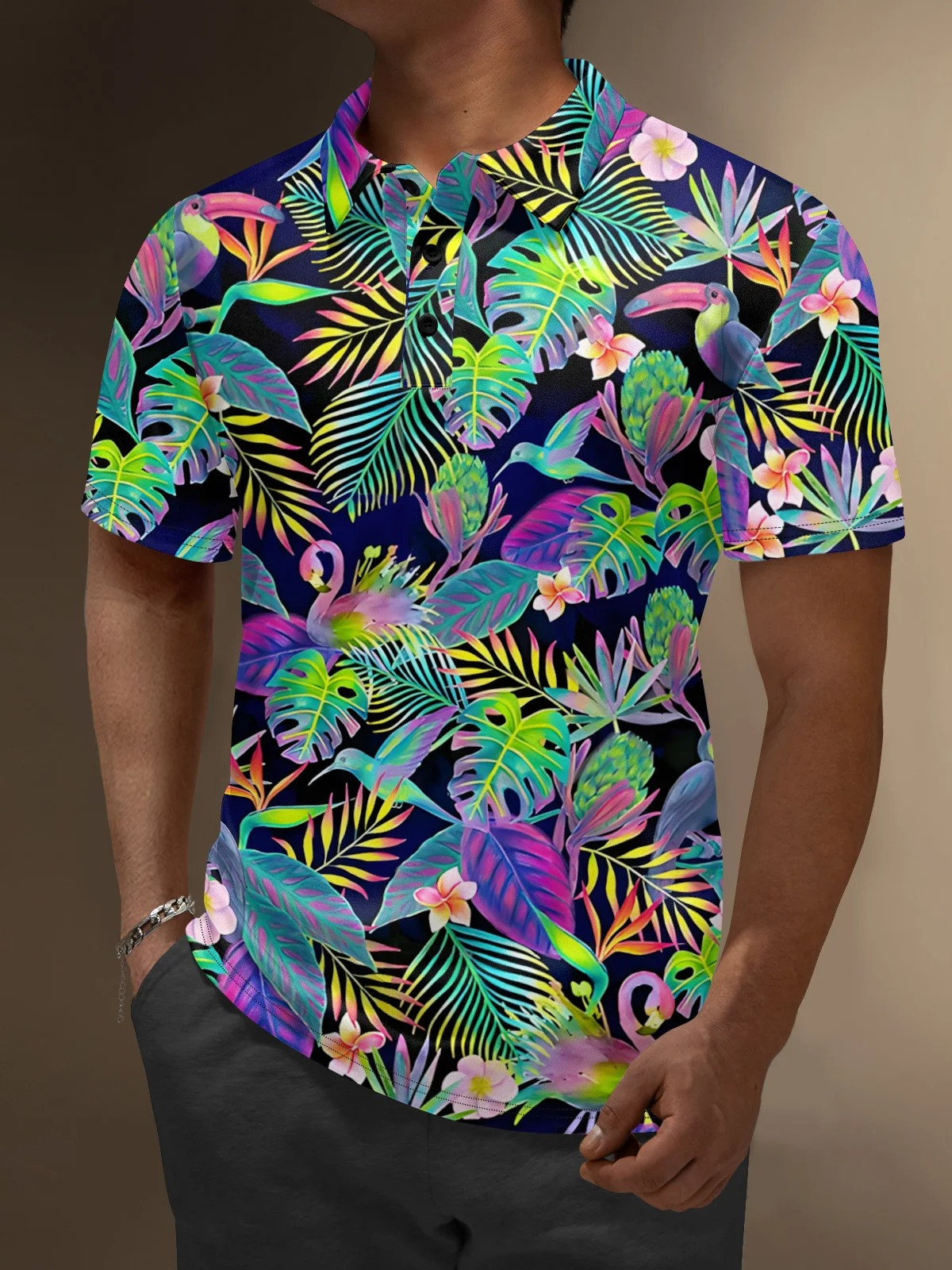 Moisture Wicking Flamingo Toucan Flowers Coconut Tree Laser Golf Polo Shirt