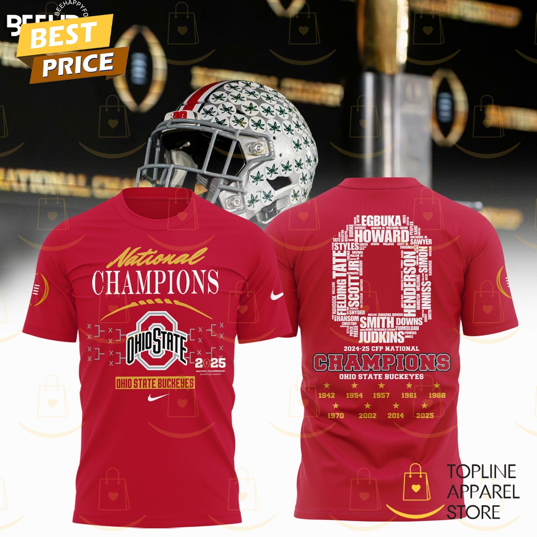 National Champions 2024-2025-25 CFP Ohio State Buckeyes 3D T-Shirt - Red Gift For Sport Music Fans
