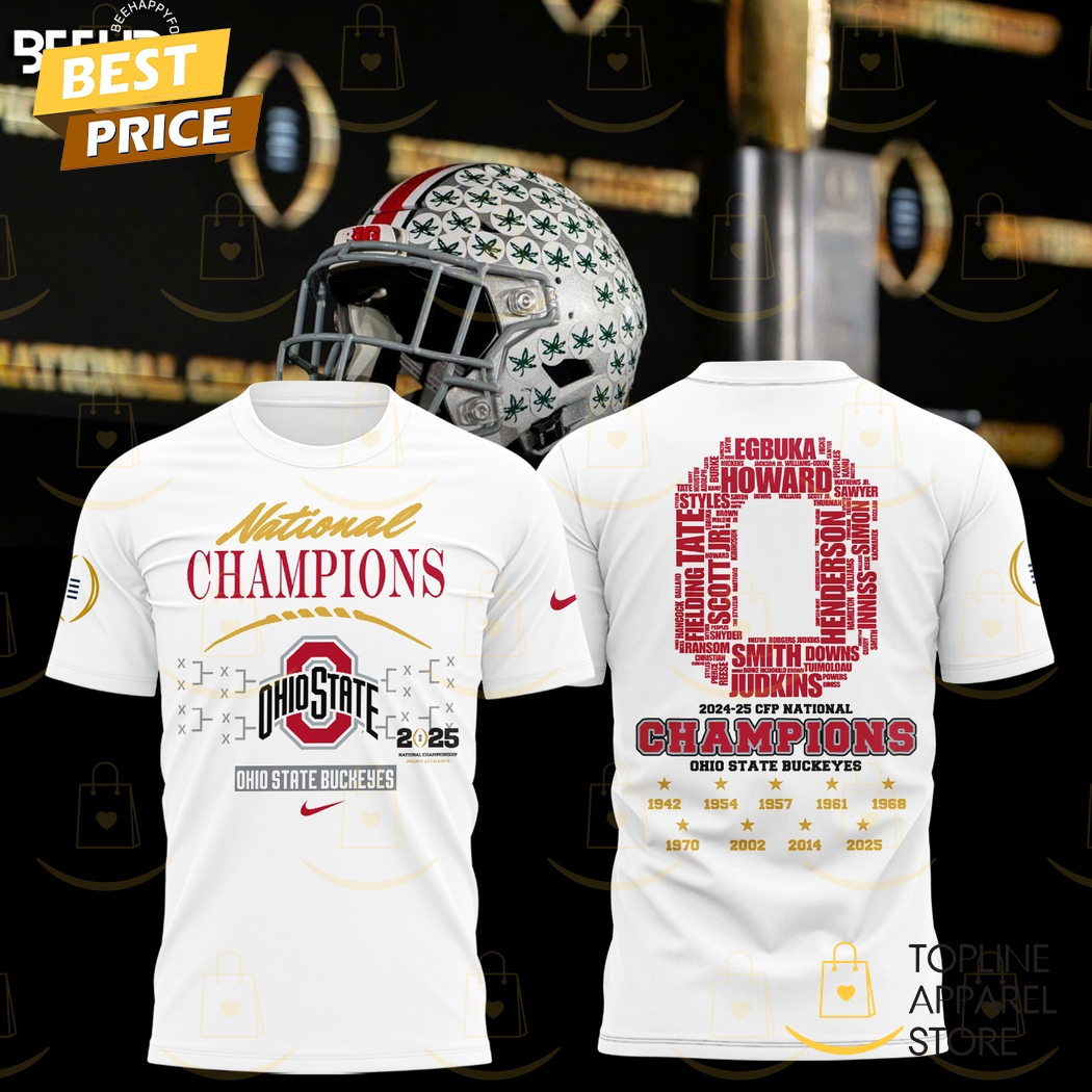 National Champions 2024-2025-25 CFP Ohio State Buckeyes 3D T-Shirt - White Gift For Sport Music Fans