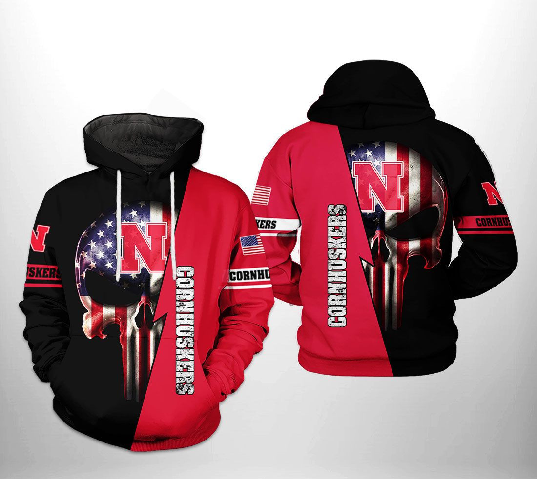 Nebraska Cornhuskers NCAA US Flag Skull Hoodie  Zip Hoodie