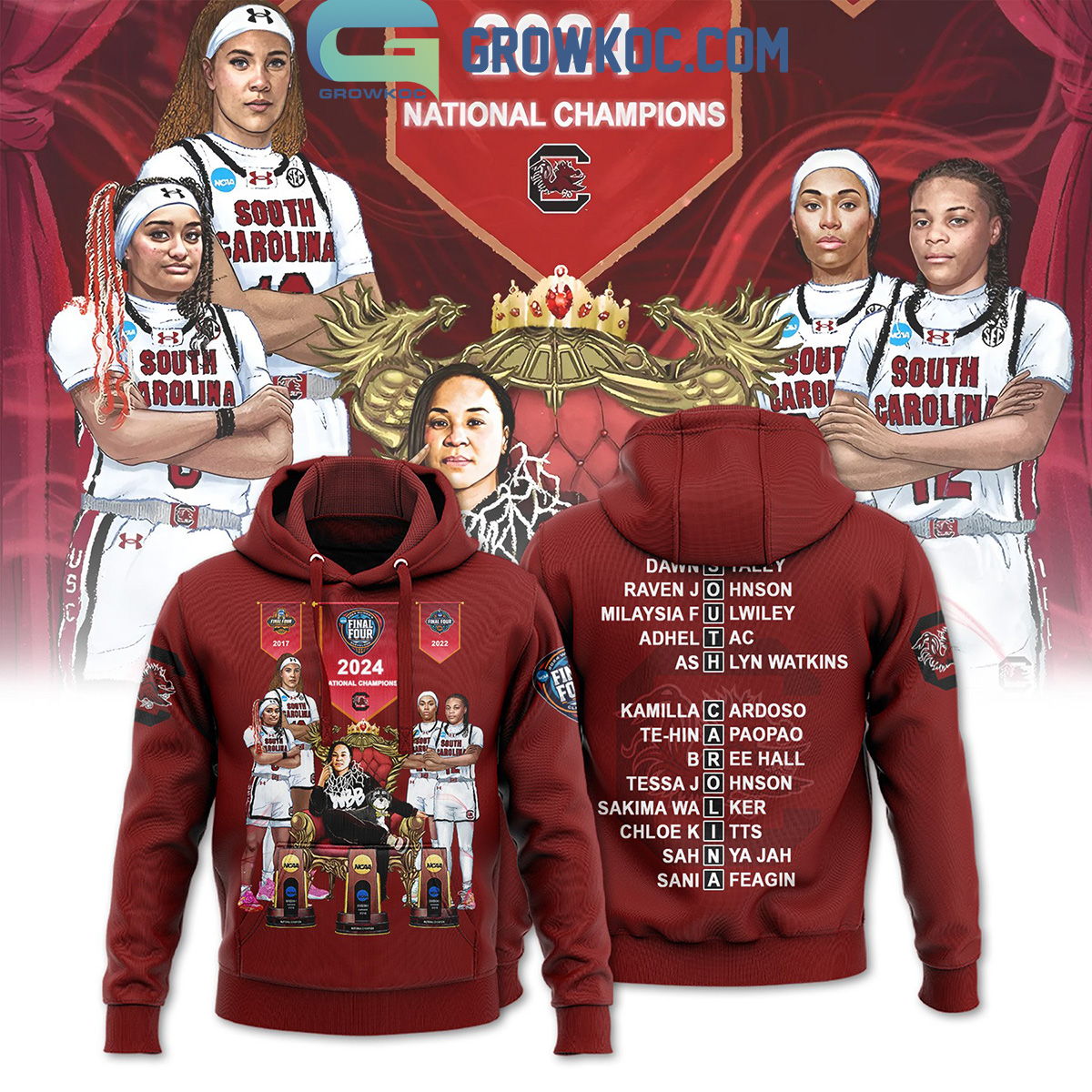 New 2025 2024 South Carolina Gamecocks NCAA Womens Basketball National Champions Red Custom Hoodie Shirts