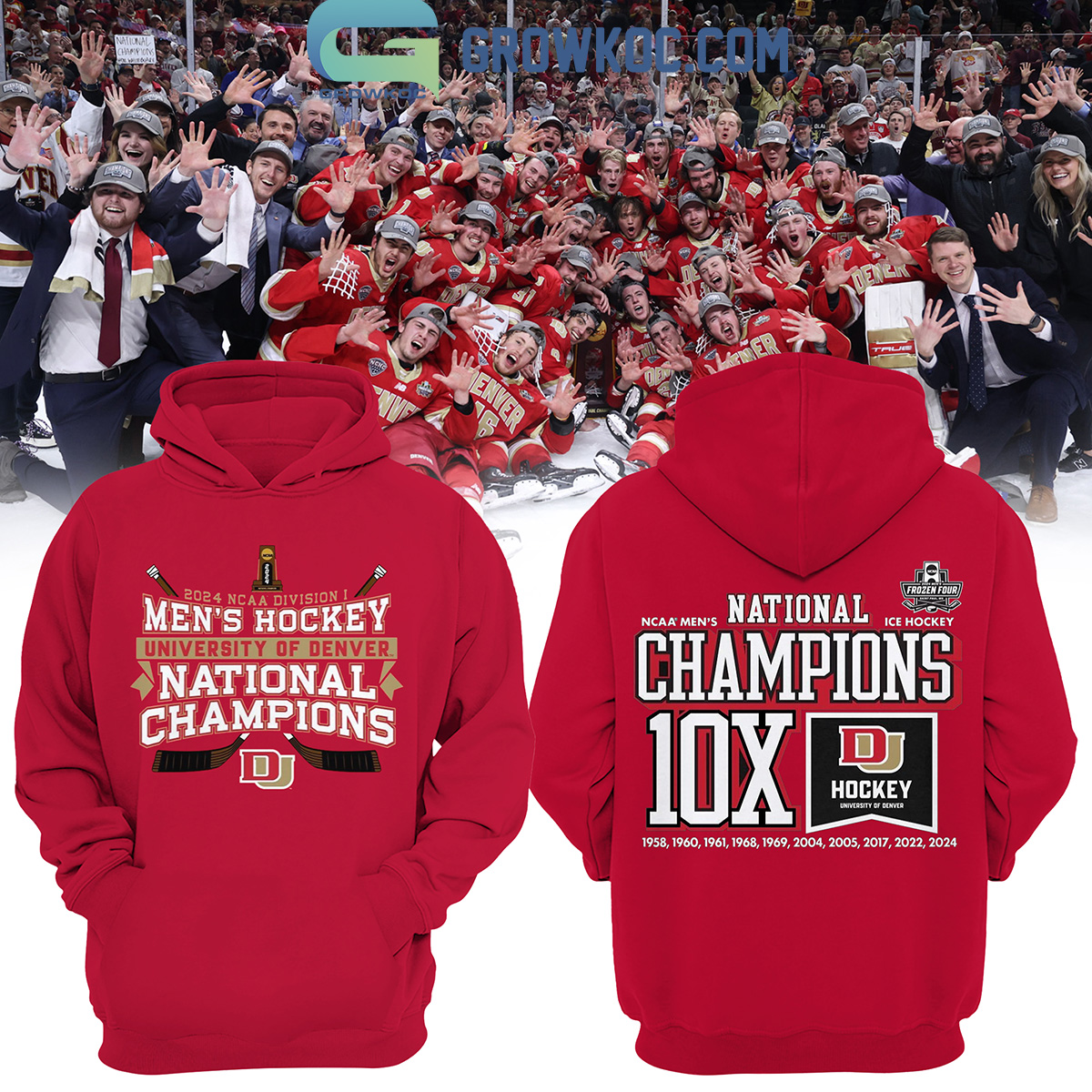 New 2025 Denver Pioneers Mens Ice Hockey 10X National Champions Custom Hoodie Shirts Red