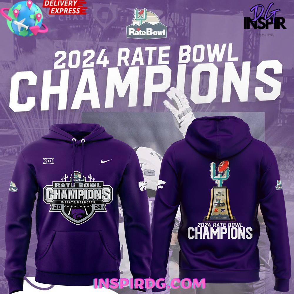 New 2025 Kansas State Wildcats 2024 Rate Bowl Champions Purple Custom Hoodie