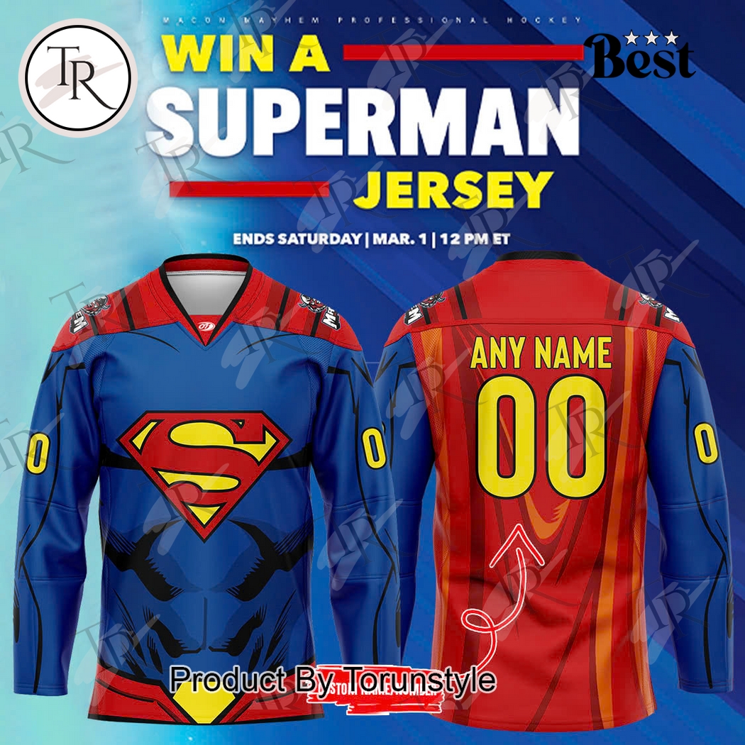 New 2025 Macon Mayhem Win A Superman 2025 Special Name Custom Hockey Jersey Fan Gift - All Over Printed