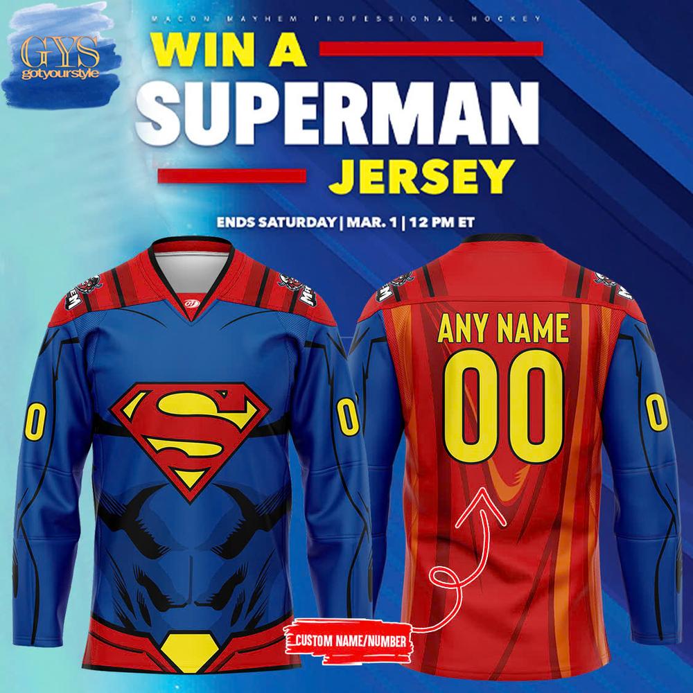 New 2025 Macon Mayhem x Superman Custom Hockey Jersey Fan Gift - All Over Printed