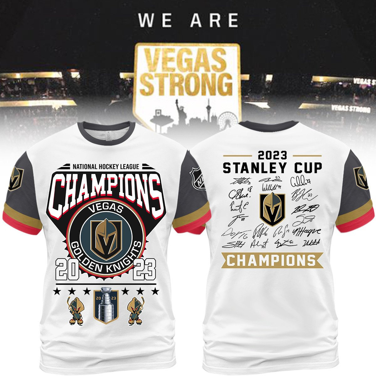 New 2025 National Hockey League Champions 2023 Vegas Golden Knight Signature Team White Design Custom Hoodie T Shirt