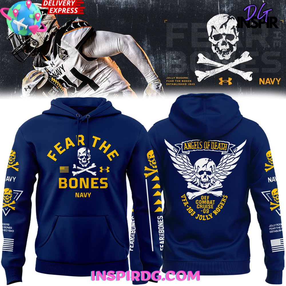 New 2025 Navy Midshipmen Angel of Death Fear The Bones Blue Custom Hoodie