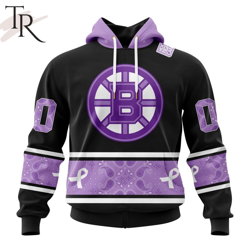 New 2025 NHL Boston Bruins Special Black And Lavender Hockey Fight Cancer Design Personalized Custom Hoodie