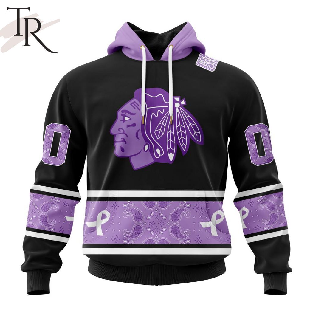 New 2025 NHL Chicago Blackhawks Special Black And Lavender Hockey Fight Cancer Design Personalized Custom Hoodie